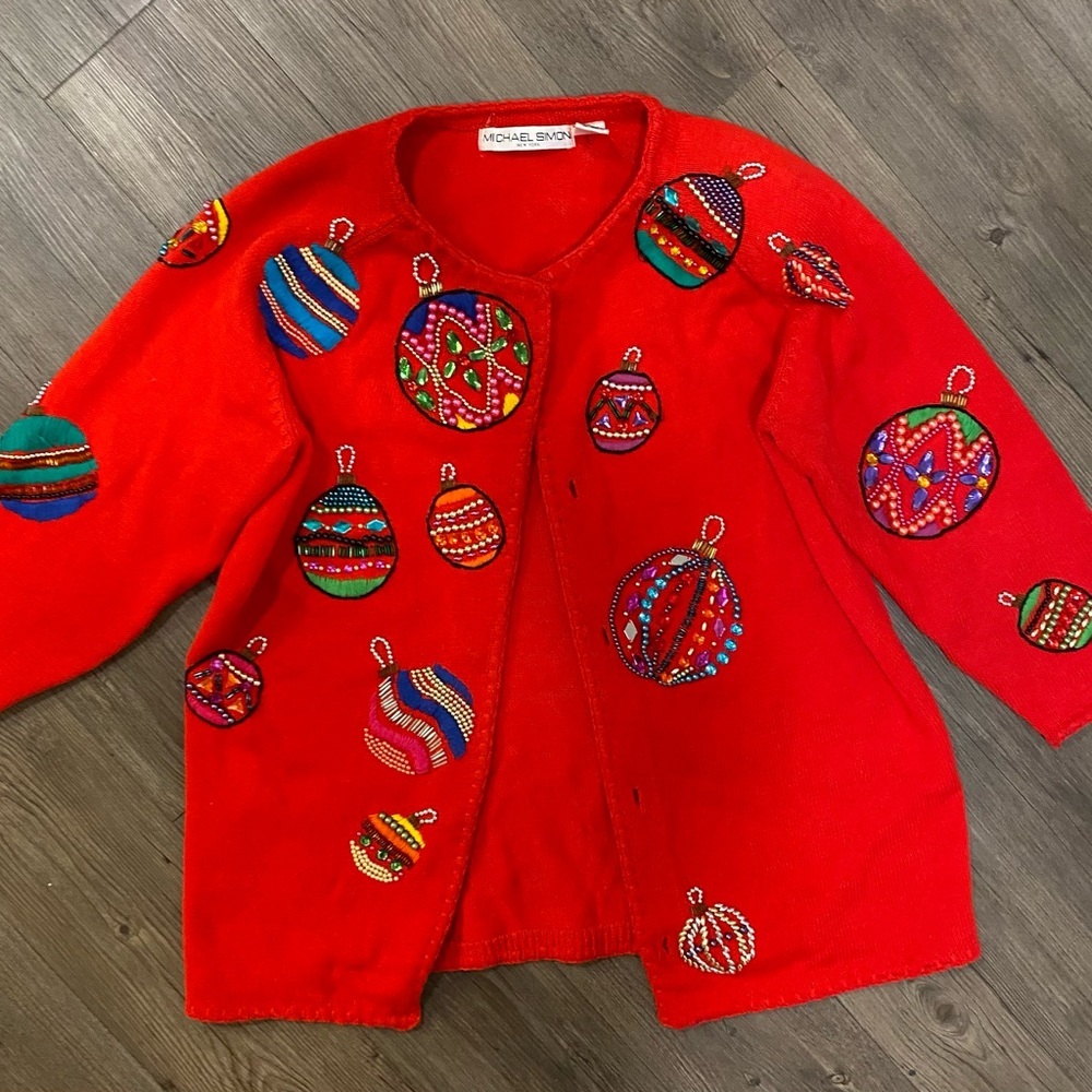 Michael Simon Red Knit with Beaded Ornaments Details